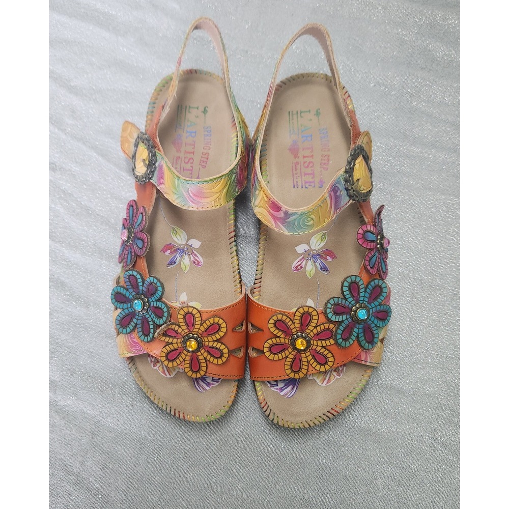 Spring Step Delight L'Artiste Nouria Orange Leather Floral Sandals Womens 36 low